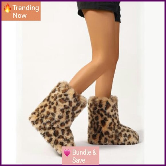 Women's Faux Fur Mid-Calf Boots Winter Snow Shoes Puffy Warm Fuzzy - Picture 4 of 7